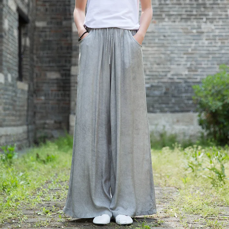 Johnature 2020 Autumn New Full Length Retro Elastic Waist Tie Dye Wide Leg Pants Loose Comfortable All-match Women Lace Up Pants