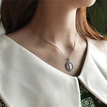 

POFUNUO Real 925 Sterling Silver Feanch Style Vintage Sixpence Coin Pendant Necklace For Women Queen Head Portrait Niche Chokers