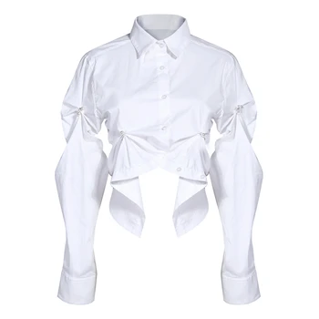 

Women White Asymmetrical Pleated Blouse New Lapel Long Sleeve Loose Fit Shirt Fashion Tide Spring Autumn 2020