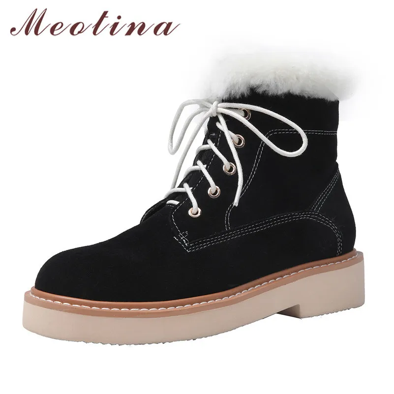 

Meotina Winter Real Fur Snow Boots Women Cow Suede Thick Heel Ankle Boots Warm Plush Round Toe Shoes Female New Black Size 34-39