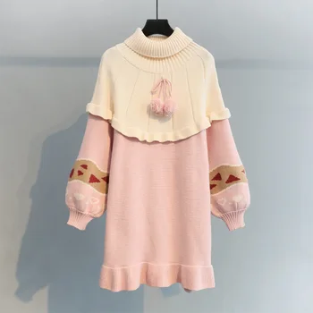 

long turtleneck knitted women dresses lantern sleeved ruffles solid knee-length girl sweet dresses top quality