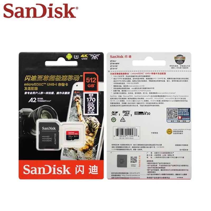 Оригинальная карта памяти SanDisk 512 ГБ до 170 МБ/с. A2 V30 Micro sd-карта Class 10 UHS-I U3 Extreme PRO карты для спортивной экшен-камеры 4K HD Камера