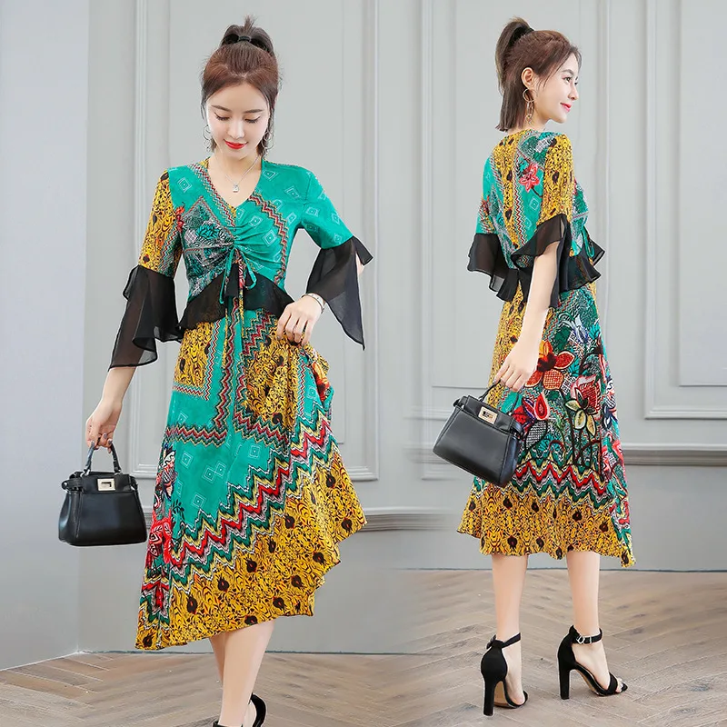 

Dress Women's Printed Loose-Fit Slimming 2019 Summer Wear New Style Chinese-style Mulberry Silk Long Skirts