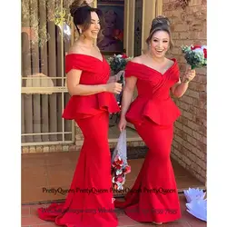 Красные Длинные свадебные платья с открытыми плечами с Pepulm Русалка Vestido Madrinha свадебные вечерние платья для женщин