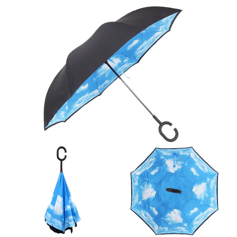 

LIXF Prime Blue Windproof Reverse Folding Double Layer Inverted Rain Umbrella Self Stand Rain Protection C-Hook Hands For Car
