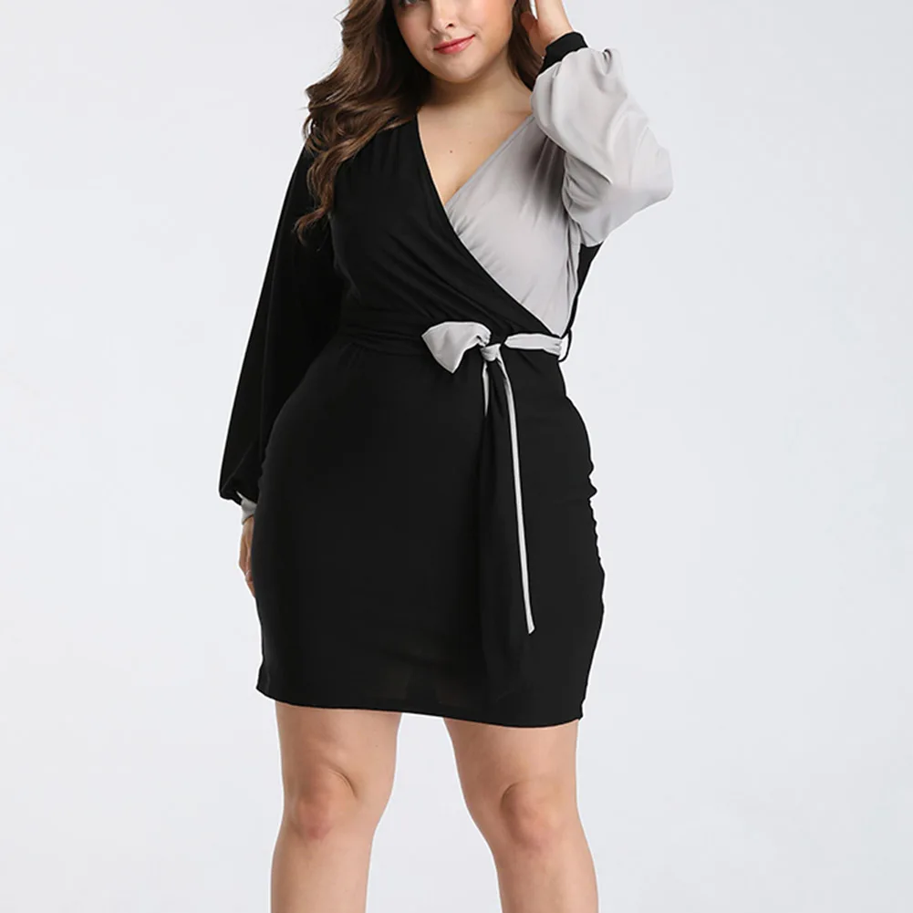 

Fadzeco Autumn Plus Size Women Dress Color Block Patchwork Long Lantern Sleeve V Neck Mini Dress Elegant Party Bodycon Dress