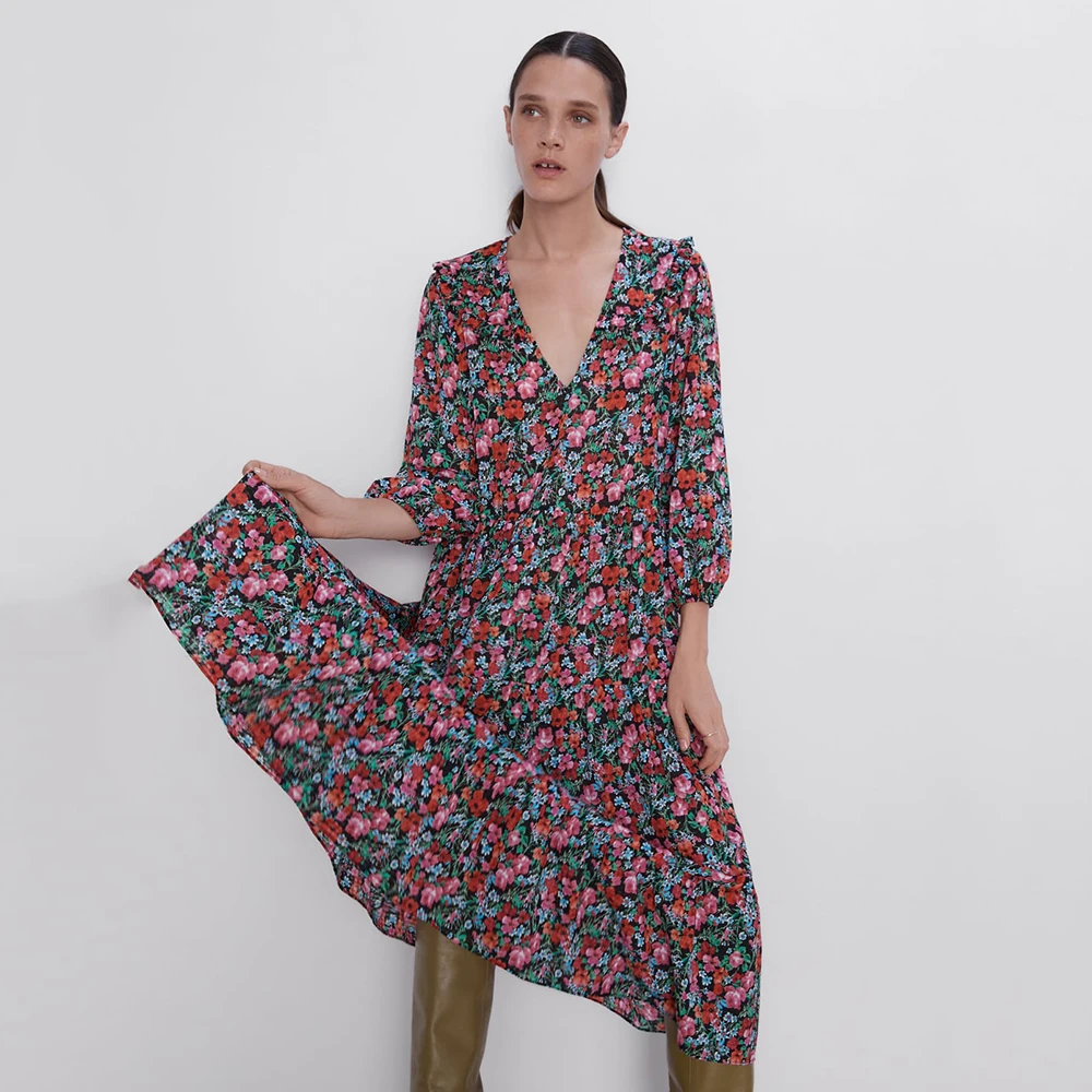 

2019 ZA Trendy Print Long Dress Women Boho V-Neck Long Sleeve Elastic Cuff Chic Design Pleat Decoration Autumn Style Dress