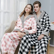 

Couples Thick Warm Bathrobe Men Autumn Winter Plaid Patchwork Man Dressing Gown Flannel Hooded Mens Long Bath Robe Nightgown