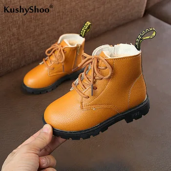 

KushyShoo Children Winter Boots 2020 Autumn Children Martin Boots Fleece Lining Waterproof Boys Boots Solid PU Kids Boots Girls