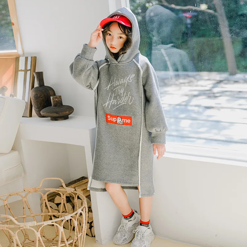 Зимние платья с капюшоном и длинными рукавами для подростков асимметричное платье для девочек-подростков плотная осенняя одежда для детей от 4 до 15 лет CL182