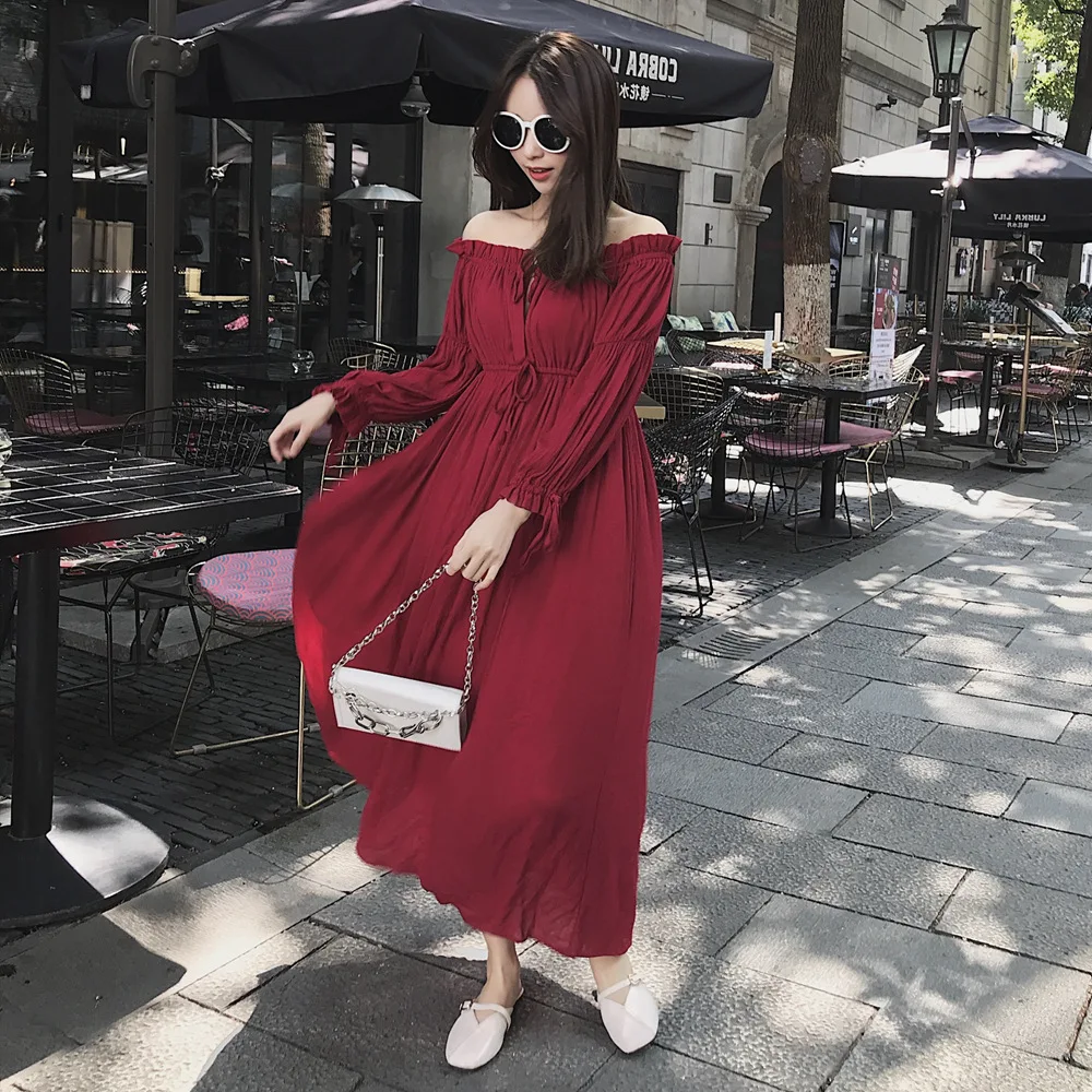 

Photo Shoot 2019 Spring And Summer New Style Korean-style WOMEN'S Wear Retro CHIC-Style Horizontal Neck off-Shoulder Long Large