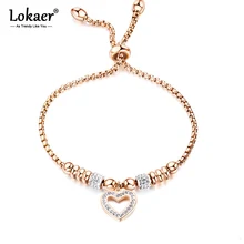 Lokaer титановые браслеты из нержавеющей стали с мозаикой и критальным сердцем для девочек, браслет с регулируемой цепочкой и звеньями из розового золота OGS1022