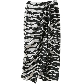 

[ElfStyle] - Woman SILK Black White Animals Tiger Skin Print Asymmetric MIDI Skirt Draped Front with Ruffles Fashion Skirts