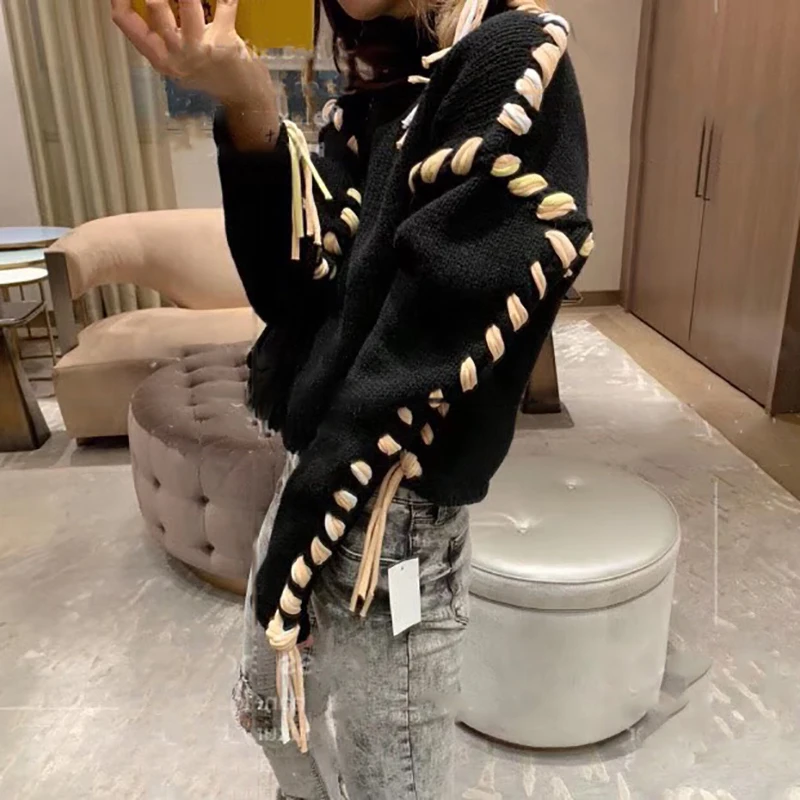 VGH Patchwork Bandage Knitted Pullovers For Women
