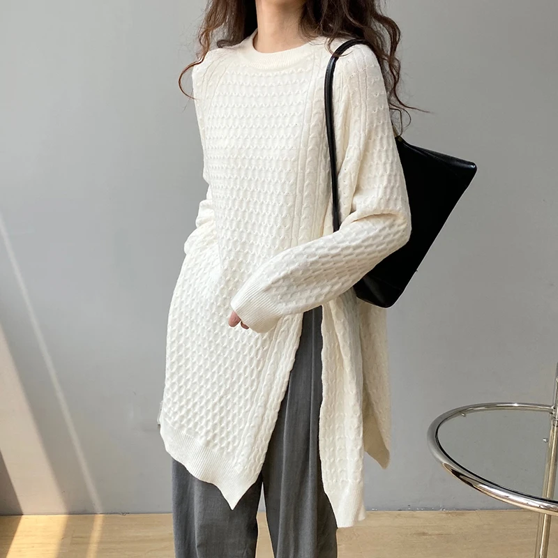 

2021 Autumn Women's Sweater Korean Style Irregularly Split Asymmetric O-Neck Thick Pullover Long Sleeve Female Clothing
