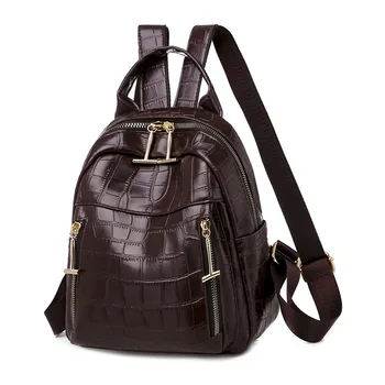 

Vintage Leather Women Backpack Small High Quality Soft Crocodile Pattern Design Back Pack Retro Brown Backbag