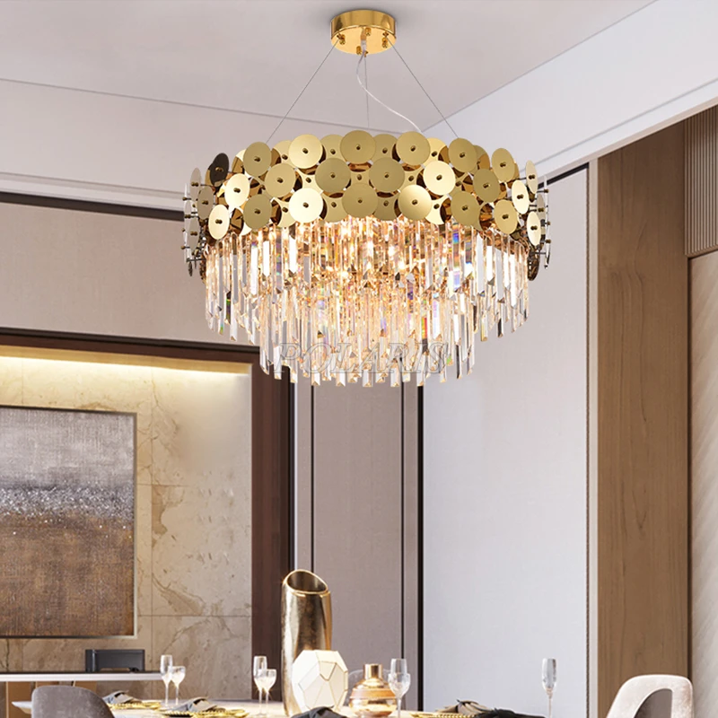 Modern K9 Crystal Prism Chandelier Hanging Lighting LED Gold Stainless Steel Chandeliers Lamp Living Dining Room Suspended Light | Лампы и