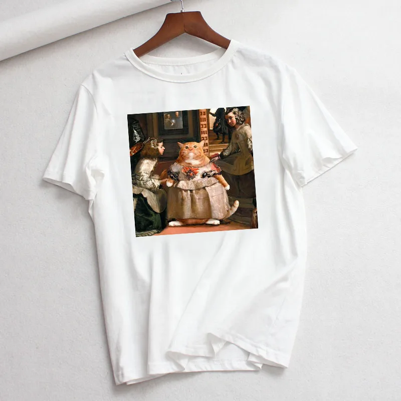 Summer new casual fashion big size cartoon art spoof fun tops tees print short-sleeved Michelangel cute cat loose female T-shirt