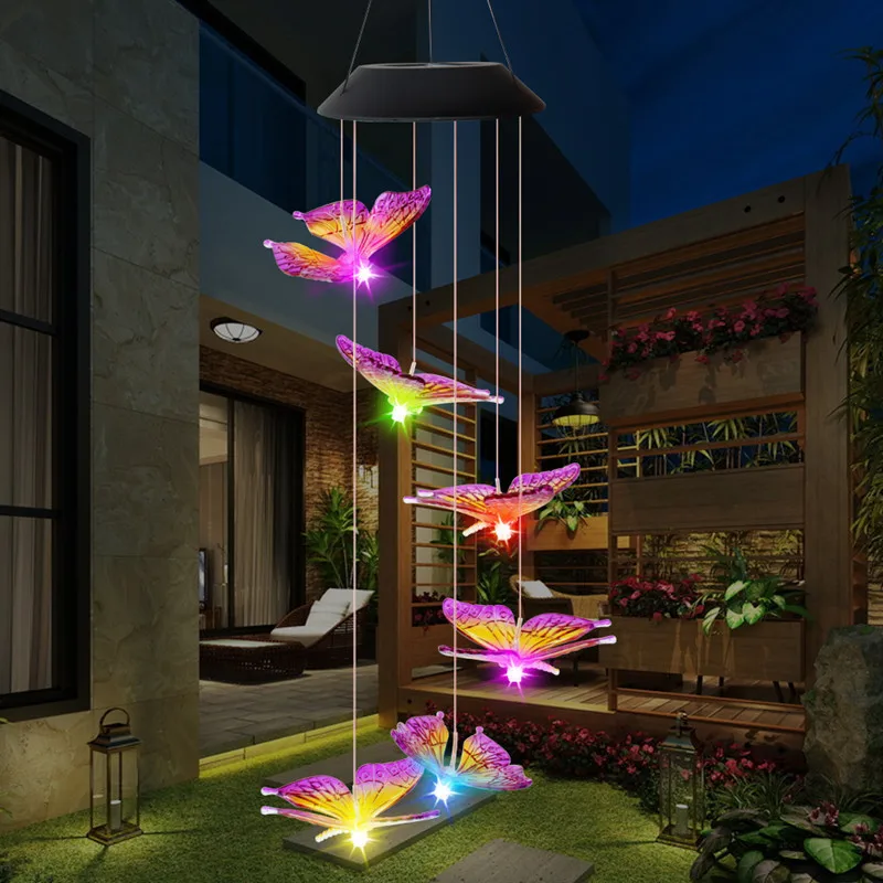 LED Solar Wind Chime Light Butterfly Style Outdoor Waterproof Garden Garland Hanging Lights Christmas Holiday Solar Lamp Decor