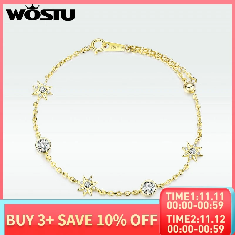 WOSTU Fashion Sterling Silver 925 Bracelets Gold Color Shining Star Zircon Chain Link For Women Jewelry DXB122 | Украшения и