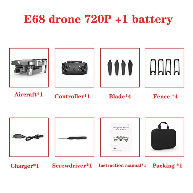 Дрон E68 HD широкоугольный 4K wifi 1080P FPV Дрон видео запись в реальном времени Квадрокоптер высота для обслуживания Дрон камеры Дрон e58 - Цвет: Черный