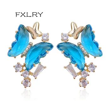 

FXLRY fashion candy-colored butterfly earrings three-dimensional glass crystal butterfly earrings for women party or gift