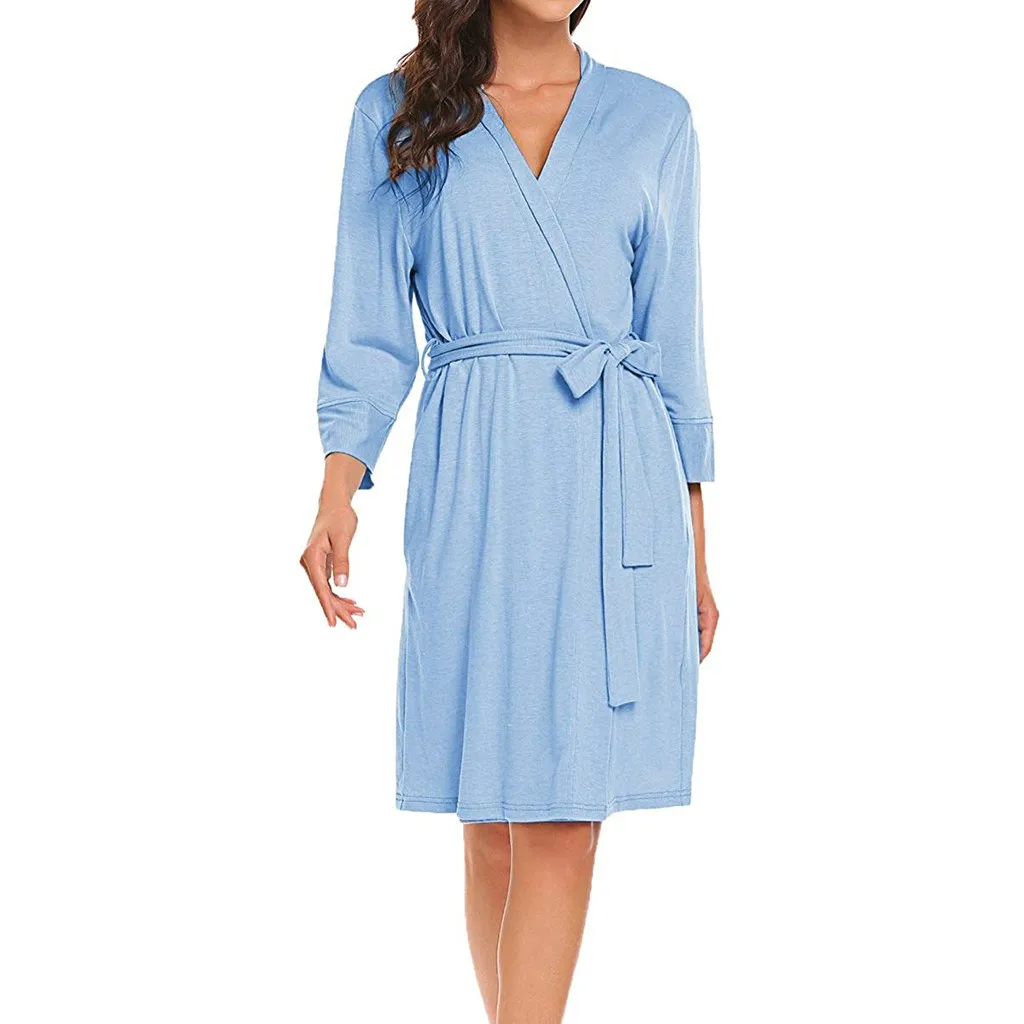 Одноцветный женский халат, 4/3 рукав, v-образный вырез, легкий длинный халат с поясом, женский халат, мягкая Пижама