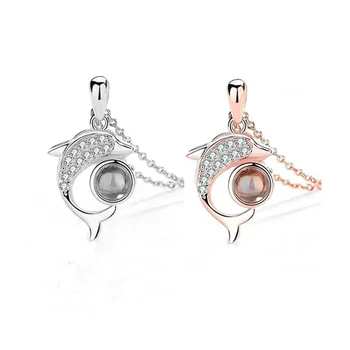 

Silver Plated Rose Gold Color 100 Languages I Love You Projection Pendant Necklace Dolphin Necklace for Women Lover Memory Gift