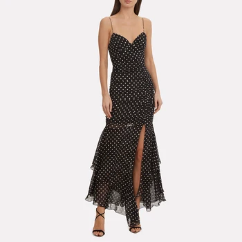 

Women Polka Dot Long Dress Sexy V Neck Split Maxi Night Club Party Dress Elegant Spaghetti Strap Sleeveless Vintage Summer Dress
