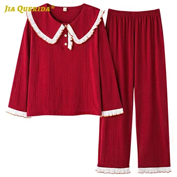 

Soft New Long Sleeve Long Pants Spring Autumn Homesuit Homeclothes Sleepwear Turn Down Collar Woman Clothes Pajamas Set Ladies