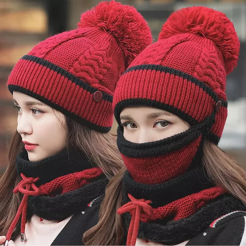 Зимняя шапка, шарф наборы масок Женская утолщенная модная Корейская стильная теплая верхняя одежда для верховой езды Высококачественная мягкая вязаная шапка