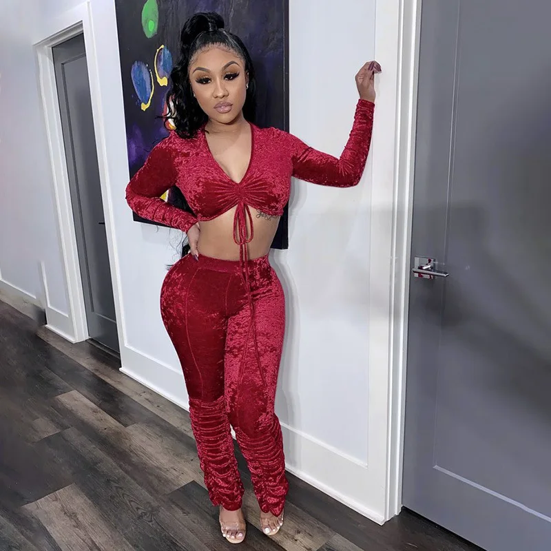 

Velvet Two Piece Set Women Elegant Long Sleeve V Neck Crop Top with Stacked Pants Sexy Drawstring Night Club Party Tracksuit