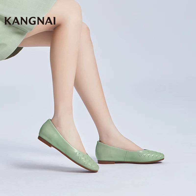 KANGNAI Women Shoes Genuine Leather Fashion Comfortable Square Toe Shallow Flats