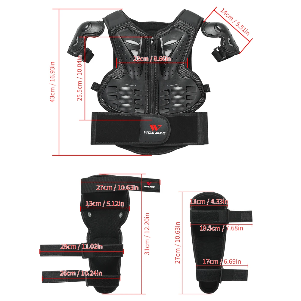 Black WOSAWE Kids Dirt Bike Chest Protector Skating Knee Elbow Pads Youth ATV Spine Protective Gear Kit 