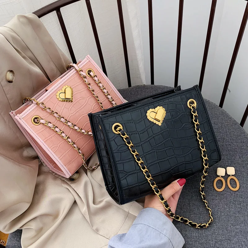 

2020 New Bag WOMEN'S Bag Summer Hipster Shoulder Bag with Chain Stone Pattern Fashion Versatile Shoulder Square Sling Bag