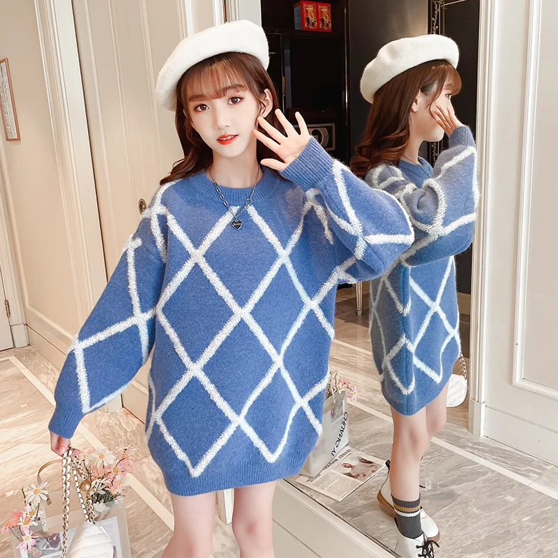 

Korean Girls Sweater Dress 2022 New Autumn Winter Children's Knitted Sweater New Year Pullovers Teenager Sweater 7 9 11 13 Years