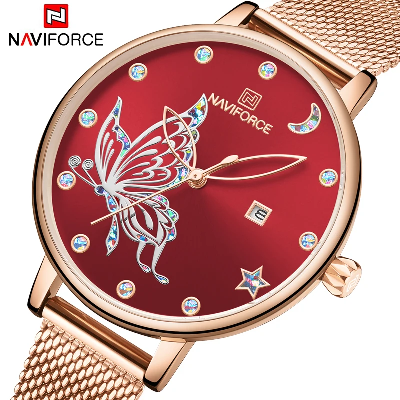 NAVIFORCE, женские часы,, Топ бренд, роскошный браслет из розового золота, женские модные часы с кристаллами и бабочкой для девушек, наручные часы
