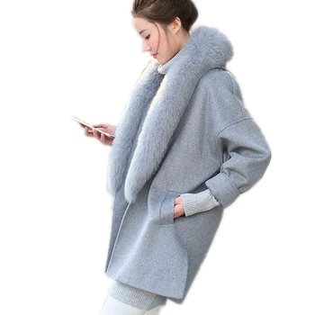 

Parkas Fur Natural Winter Women Woolen Jacket New Thick Warm Female Outerwear Real Fox Fur Collars Jacket Long Woolen Coat SUN88