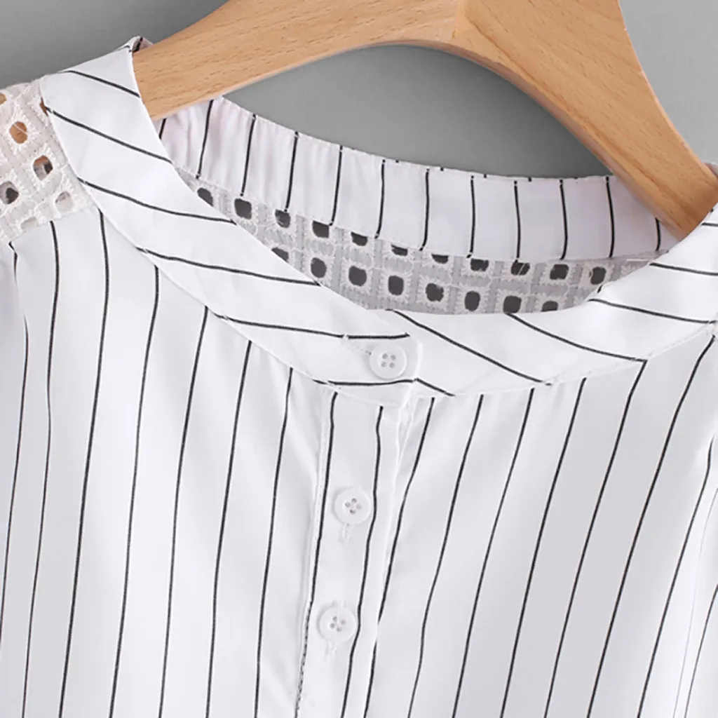 Fashion Blouses Striped Print Shirt Tops Hollow Out Short Butterfly Sleeve Blouse Top Solid Summer Casual Women Shirts Tunic 4