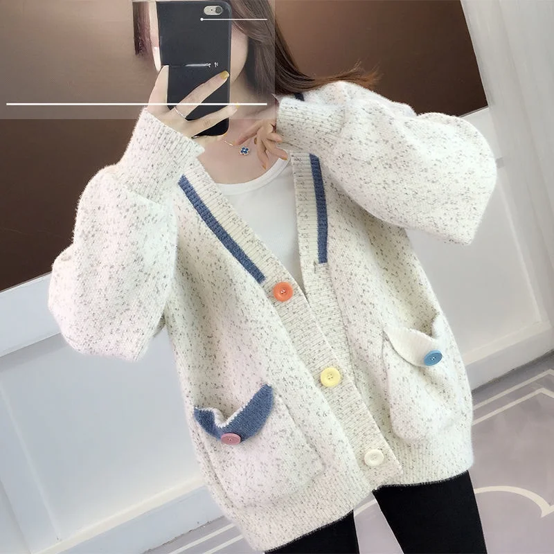 Women V-Neck Sweater Cardigans Spring Autumn Chic Knitted Loose Tops Casual Fashion Female Long Sleeve Cardigan Q840 |