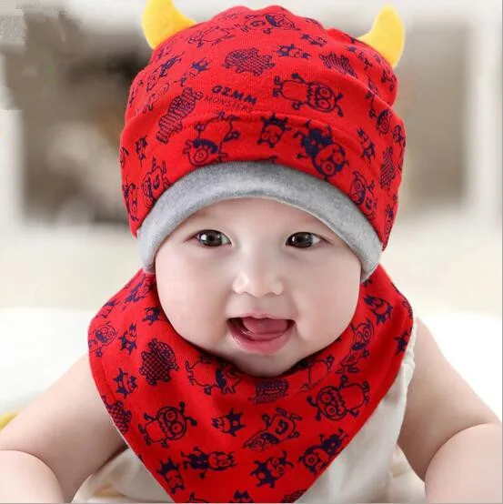 Baby Beanie Cap Bandana Bib Set for 3 to 24 Months Boy Girl Kids Toddler Knit Caps Monsters Design Head Scarf Hat | Детская одежда и