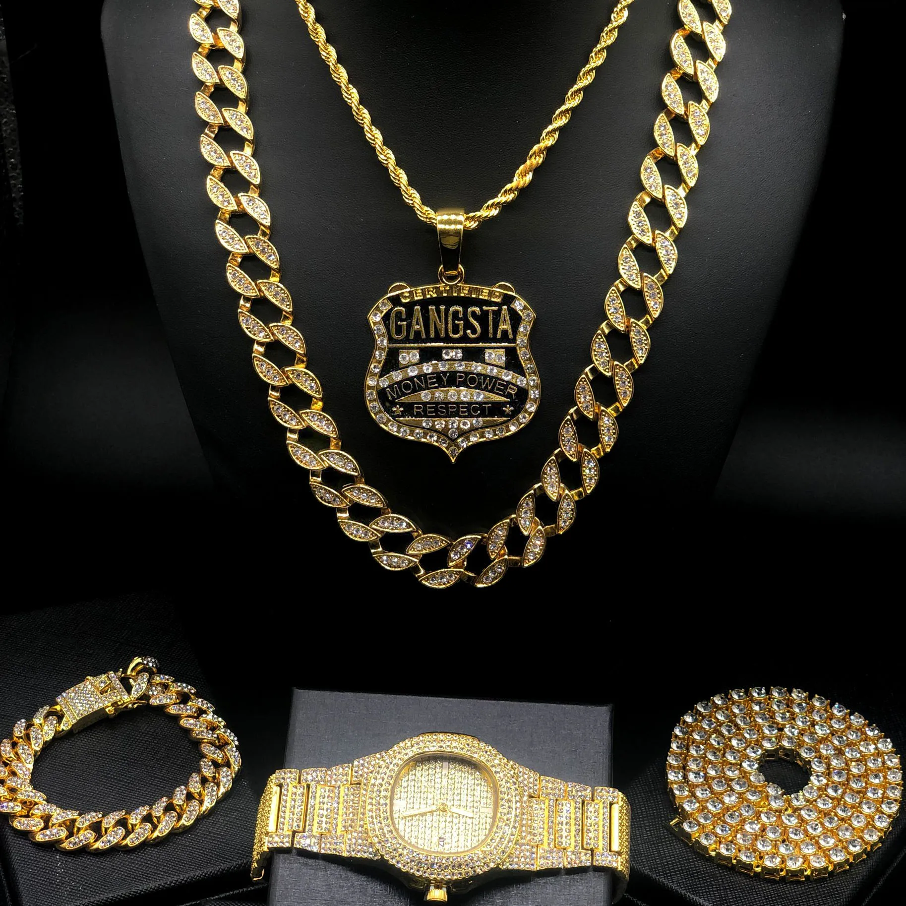 Полностью бриллиантовое кубинское ожерелье комбинированный золотой браслет золотые и серебряные Роскошные мужские часы, ледяная кубинская подвеска, бриллиантовое ожерелье набор