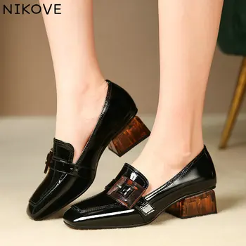 

NIKOVE 2020 Buckle Square Toe Summer Women Pumps Shoes Patent Leather+PU Square Med Heel Solid Casual Fashion Shoes Size 34-42