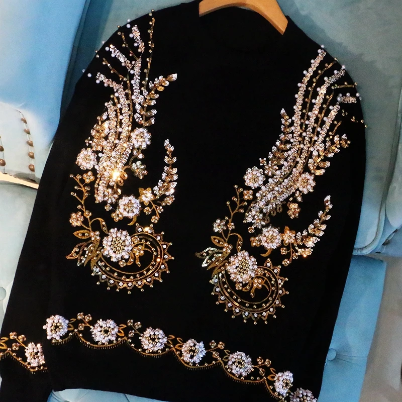 

Women's sweater 2021 new heavy industry embroidery beaded petals cocoon-shaped pullover knitted loose round neck sweater women