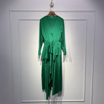 

2020 New Autumn and Winter V-neck Waist Hugging Thin Lace Irregular Elegant Green dress maxi Long Dress