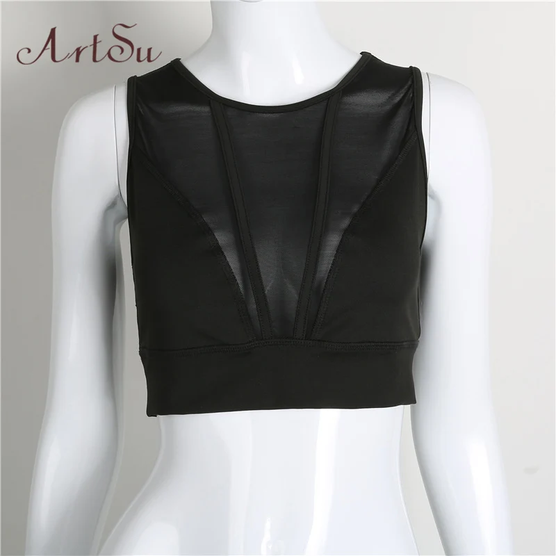 ArtSu женский черный короткий летний топ сетчатые майки фитнес сексуальный топ Camisole пончик без рукавов майка ASVE50025