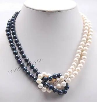 

Fashion 2Rows 8-9mm Genuine Natural Black /White Akoya Cultured Pearl Necklace