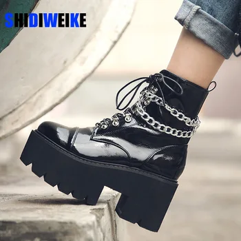 

Patent Leather Gothic Black Boots Women Heel Sexy Chain Chunky Heel Platform Boots Female Punk Style Ankle Boots Zipper AB670