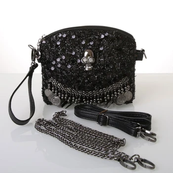 

Women Shoulder Bags Skull Totes Punk Black 2019 New Women Leather Handbags Sequins Chain Ladies Small Crossbody Bags for Women