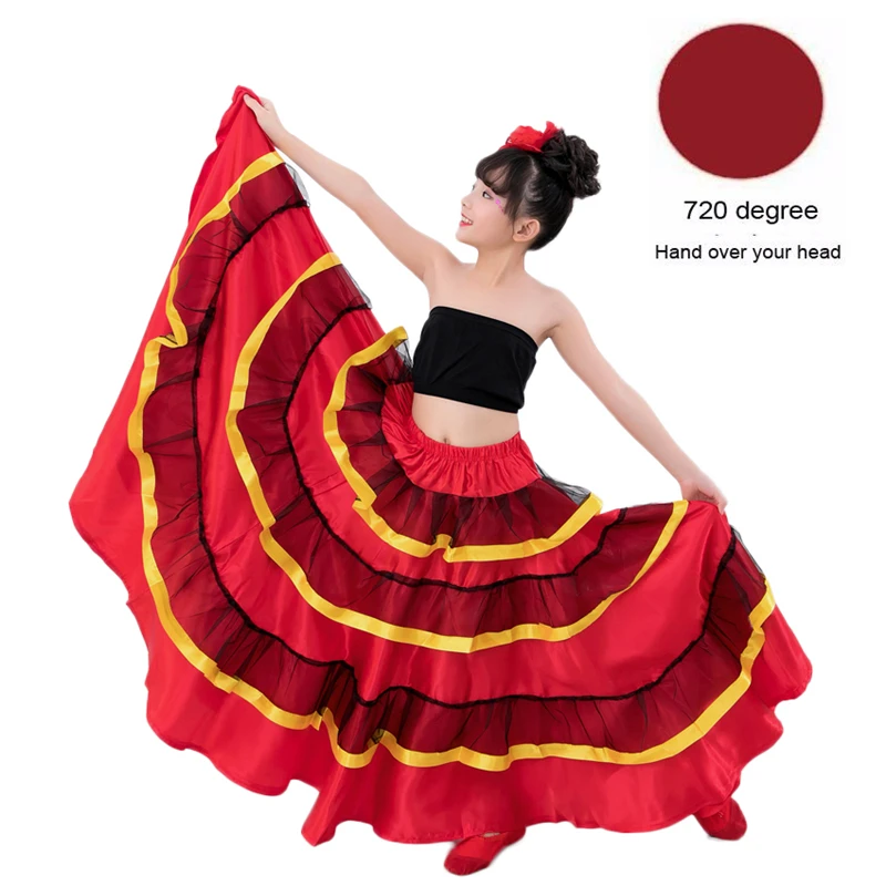 Испанские танцевальные костюмы для девочек, детская красная юбка для Фламенго, одежда для карнавала, фестиваля, сцены, атласное гладкое платье - Цвет: Color1 720degree